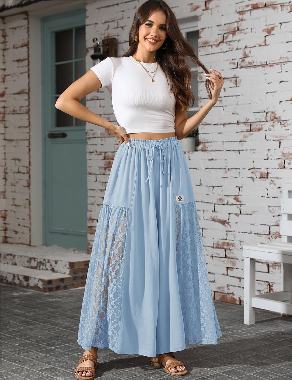 Linen Wide Leg Patchwork Lace Detail Flowy Pant