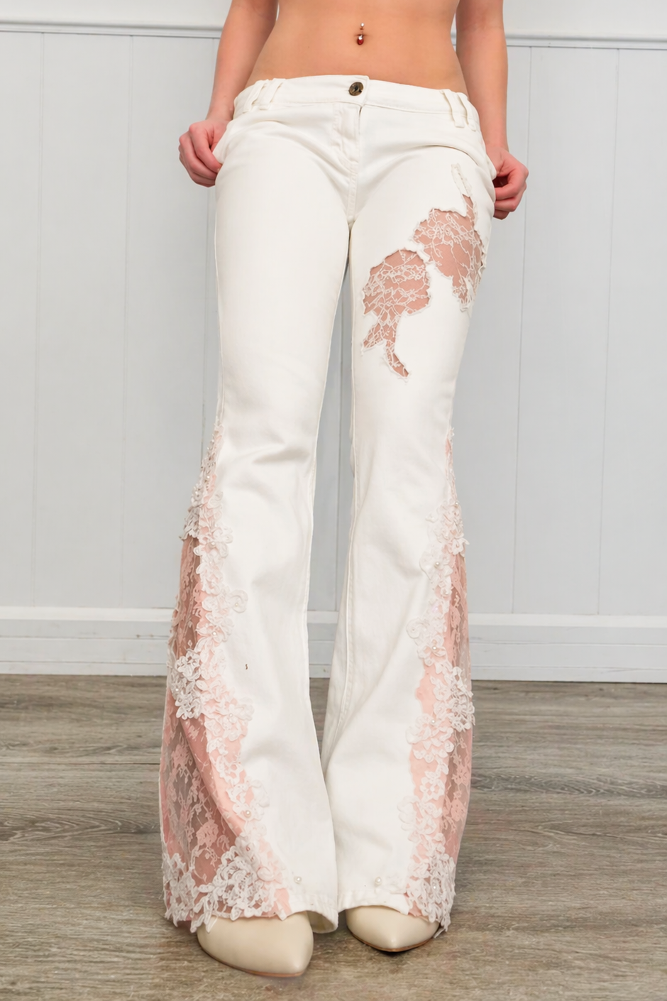 Lace-Inset Flare Jeans
