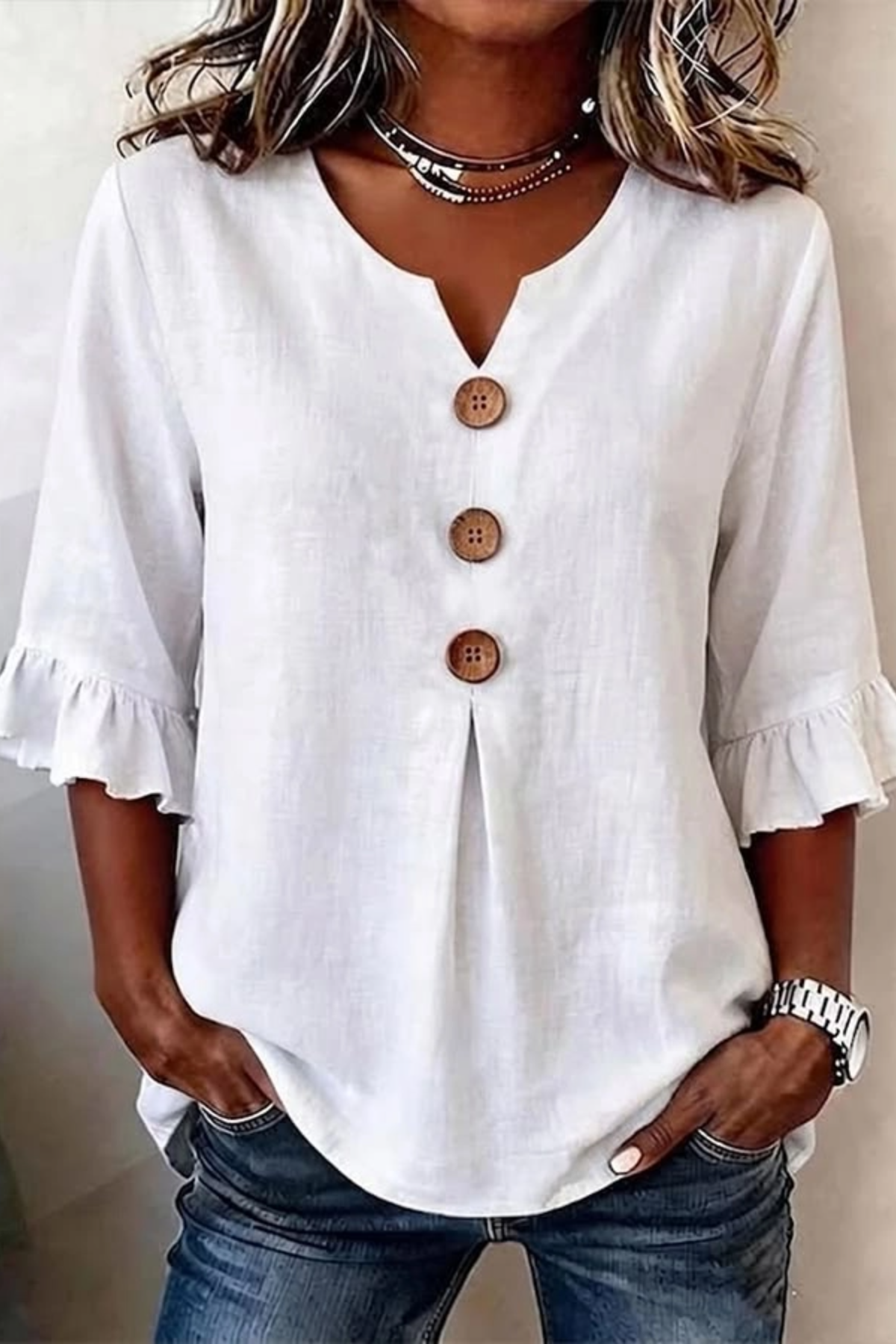 Women Plain V Neck Half Sleeve Blouse Peplum Vintage Cotton Linen Tops