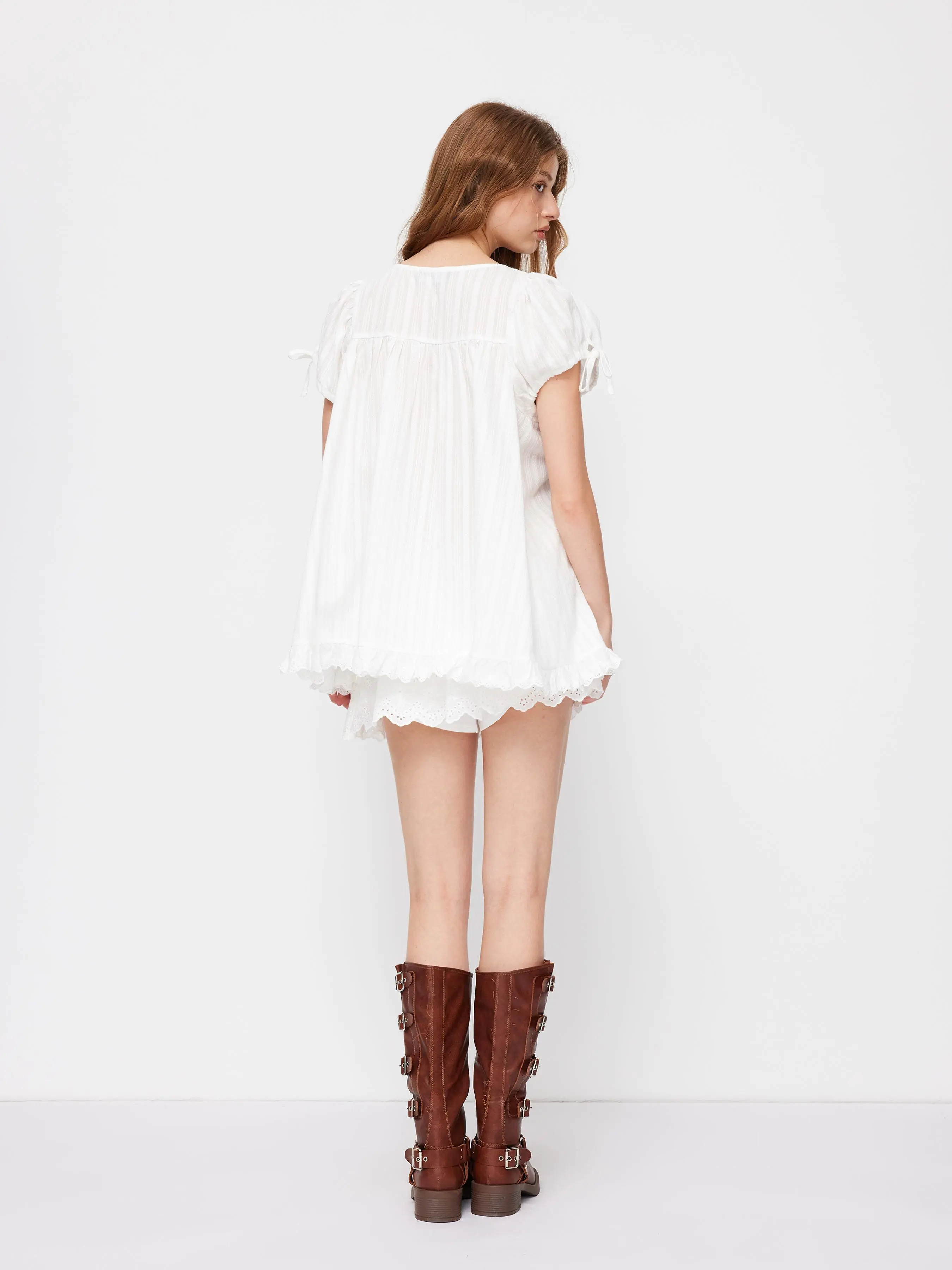 Square Neck Solid Ruffle Knotted Short Sleeve Blouse