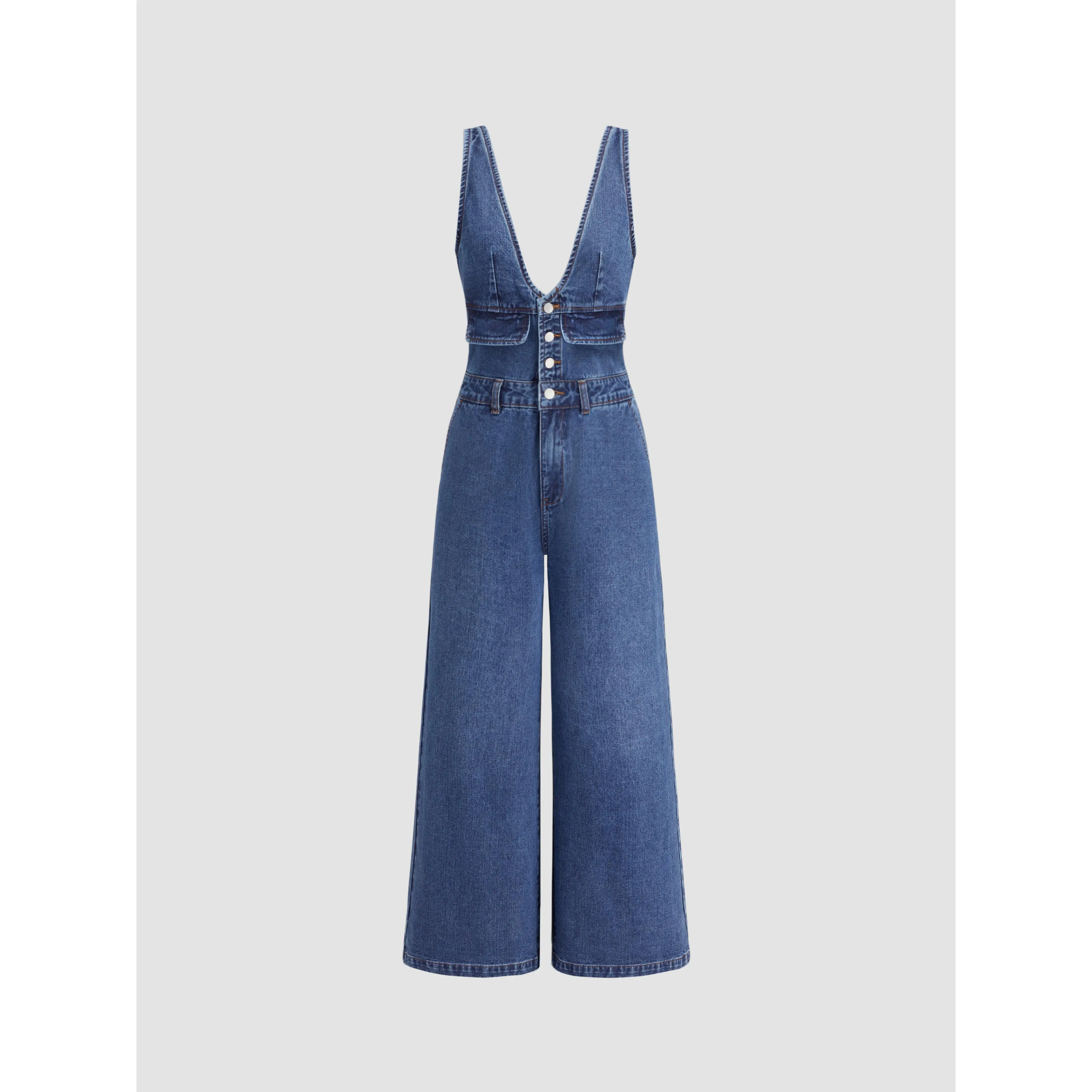 Denim V-neck Button & Pocket Wide Leg Jumpsuit