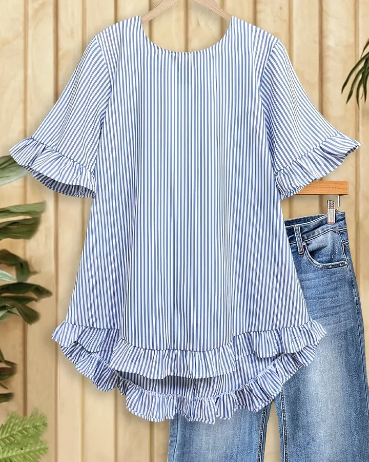 Mint Boutique Striped Round Neck Urban Ruffled Blouse