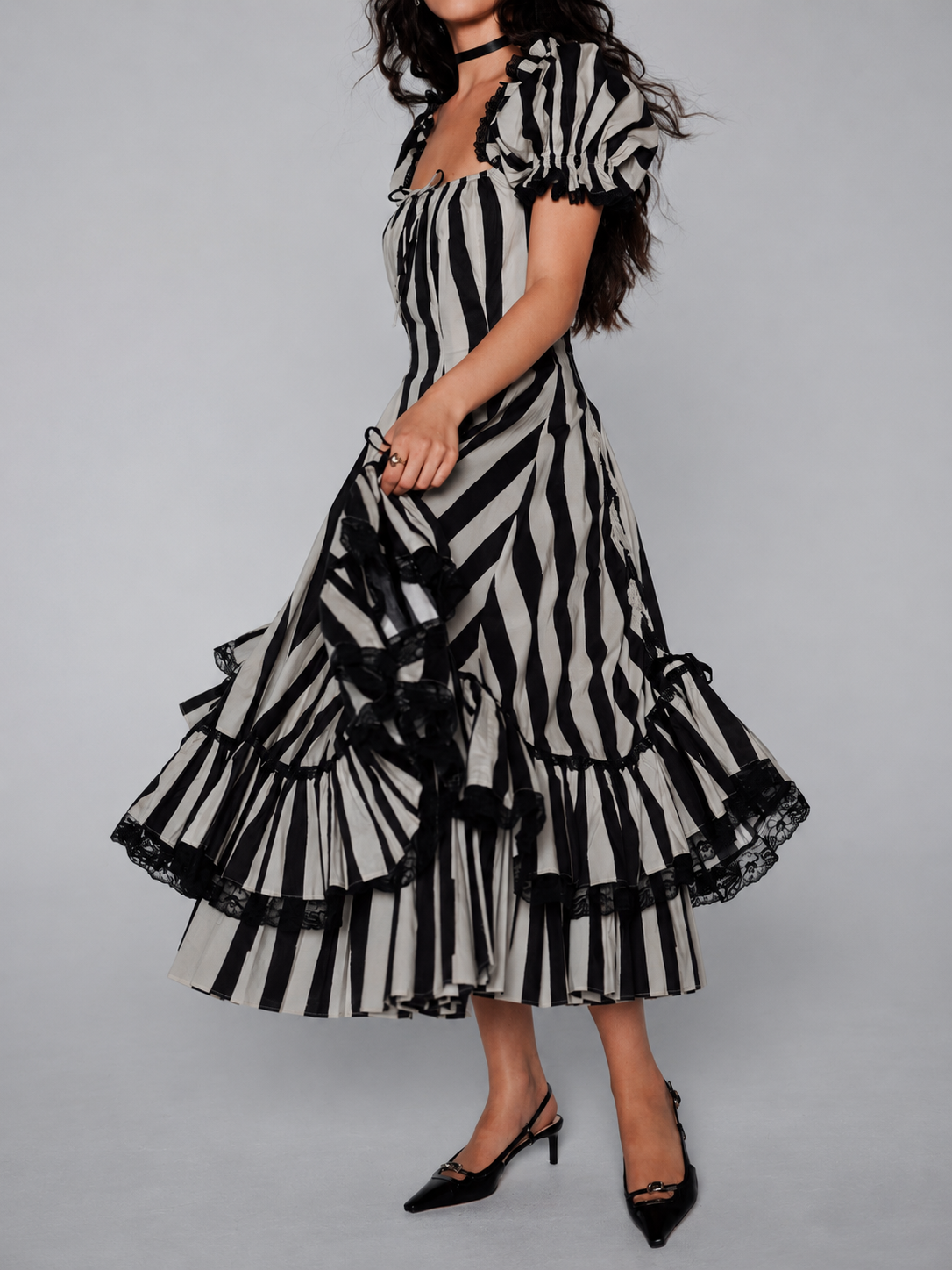 Vintage Gothic Striped Lace Midi Dress