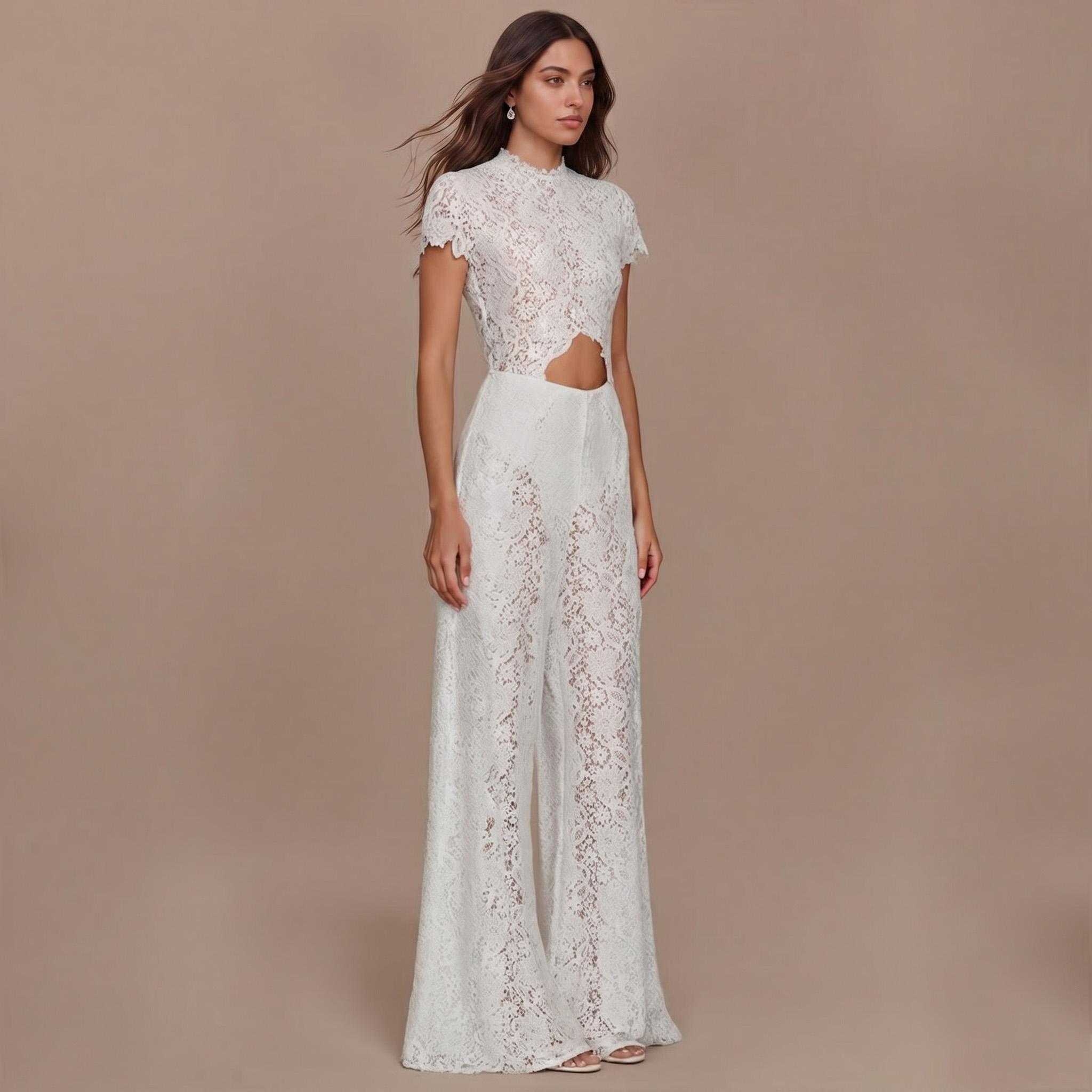 Lace Long-sleeved Top And Wide-leg Pants Set