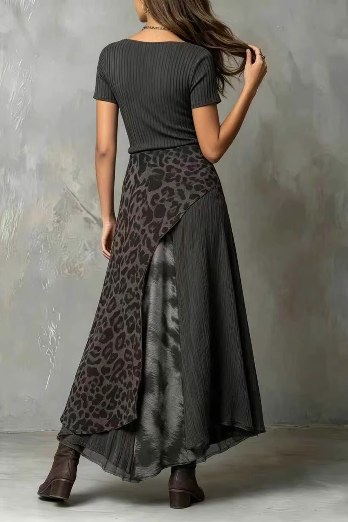 Fashion Leopard Print Stitching Casual Short Sleeve Long Dress