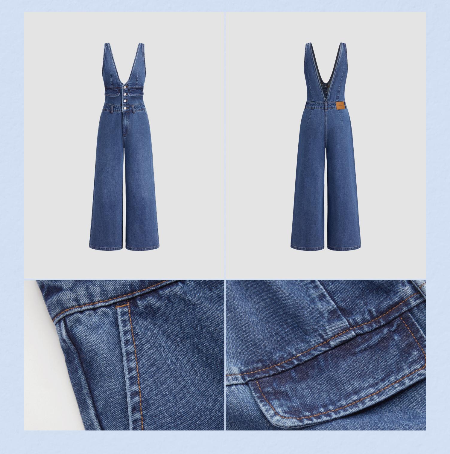 Denim V-neck Button & Pocket Wide Leg Jumpsuit