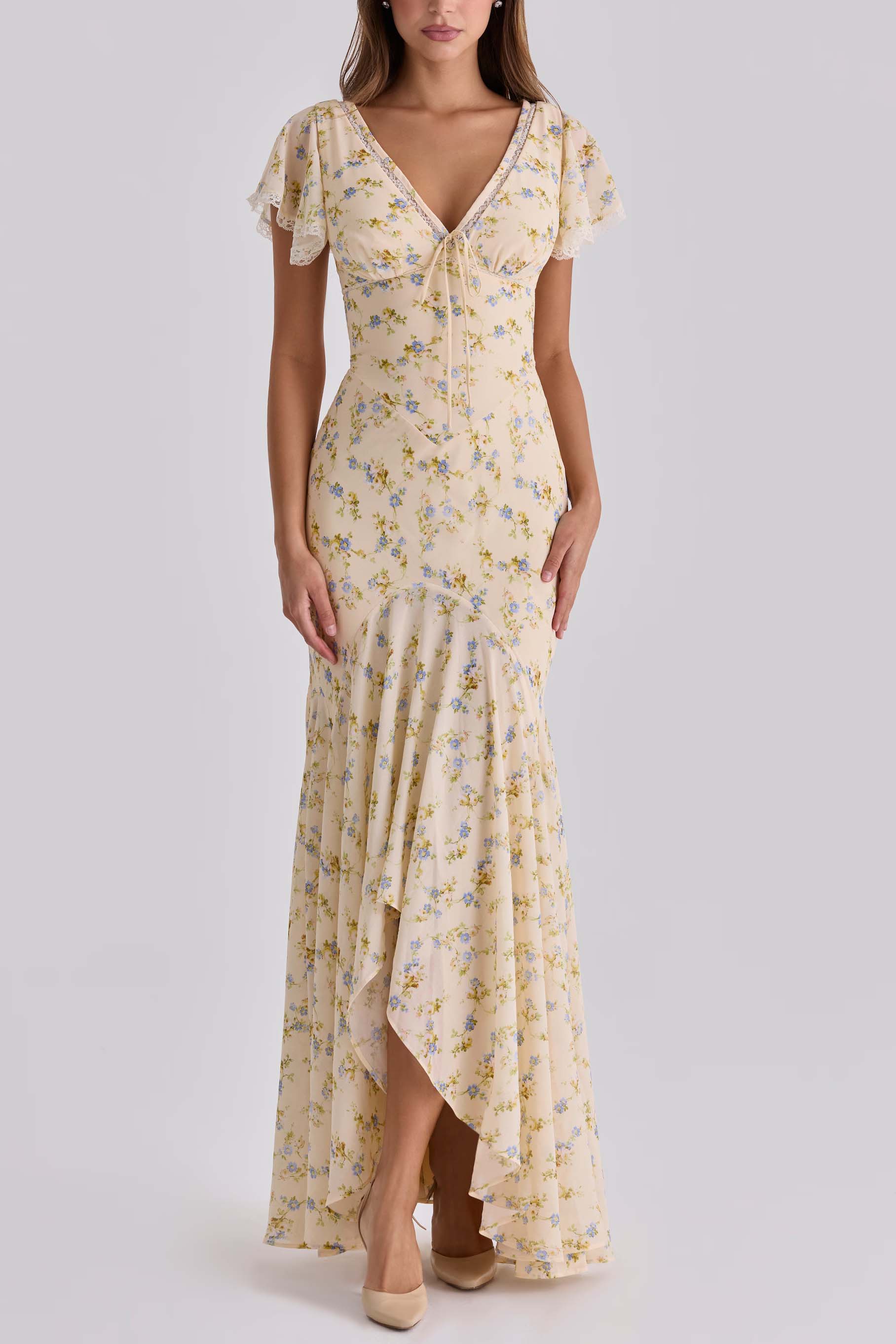Lemon Floral Print Georgette Maxi Tea Dress