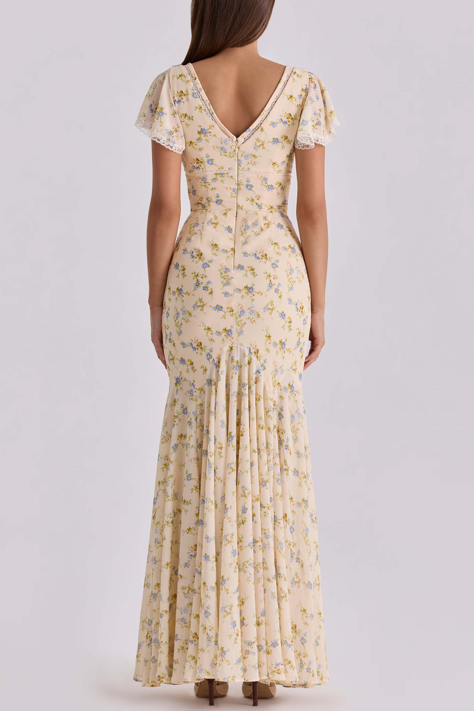 Lemon Floral Print Georgette Maxi Tea Dress