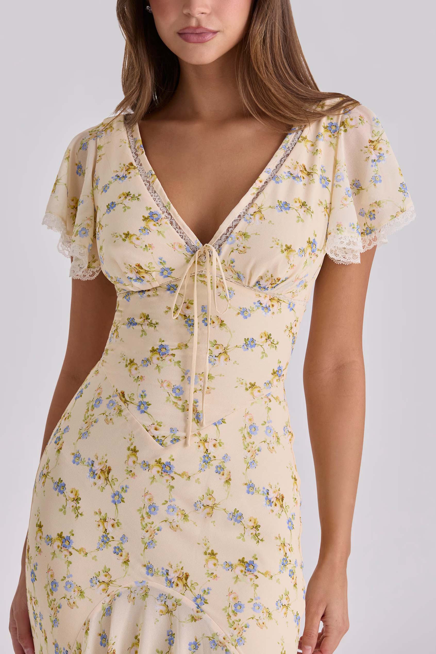 Lemon Floral Print Georgette Maxi Tea Dress