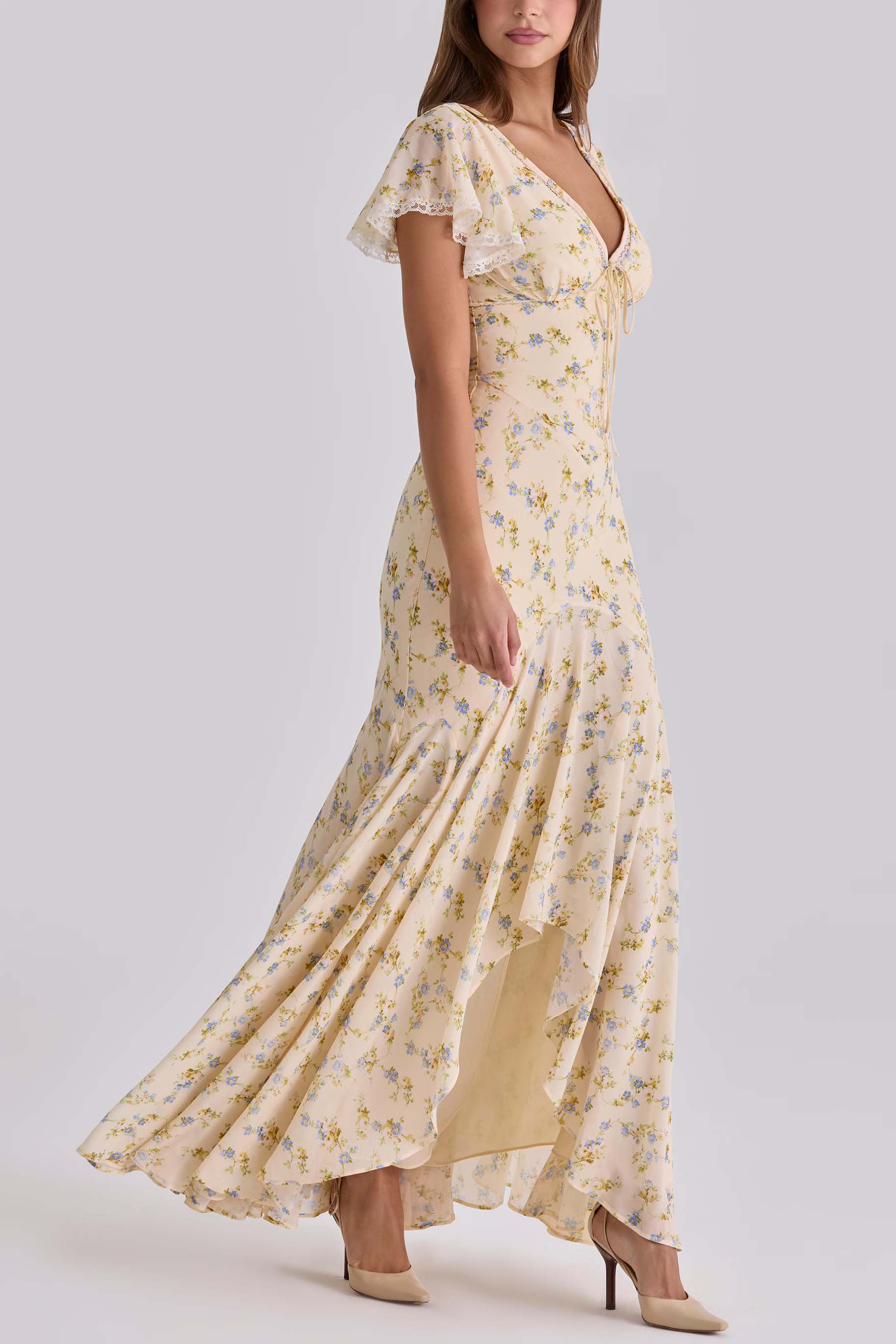Lemon Floral Print Georgette Maxi Tea Dress
