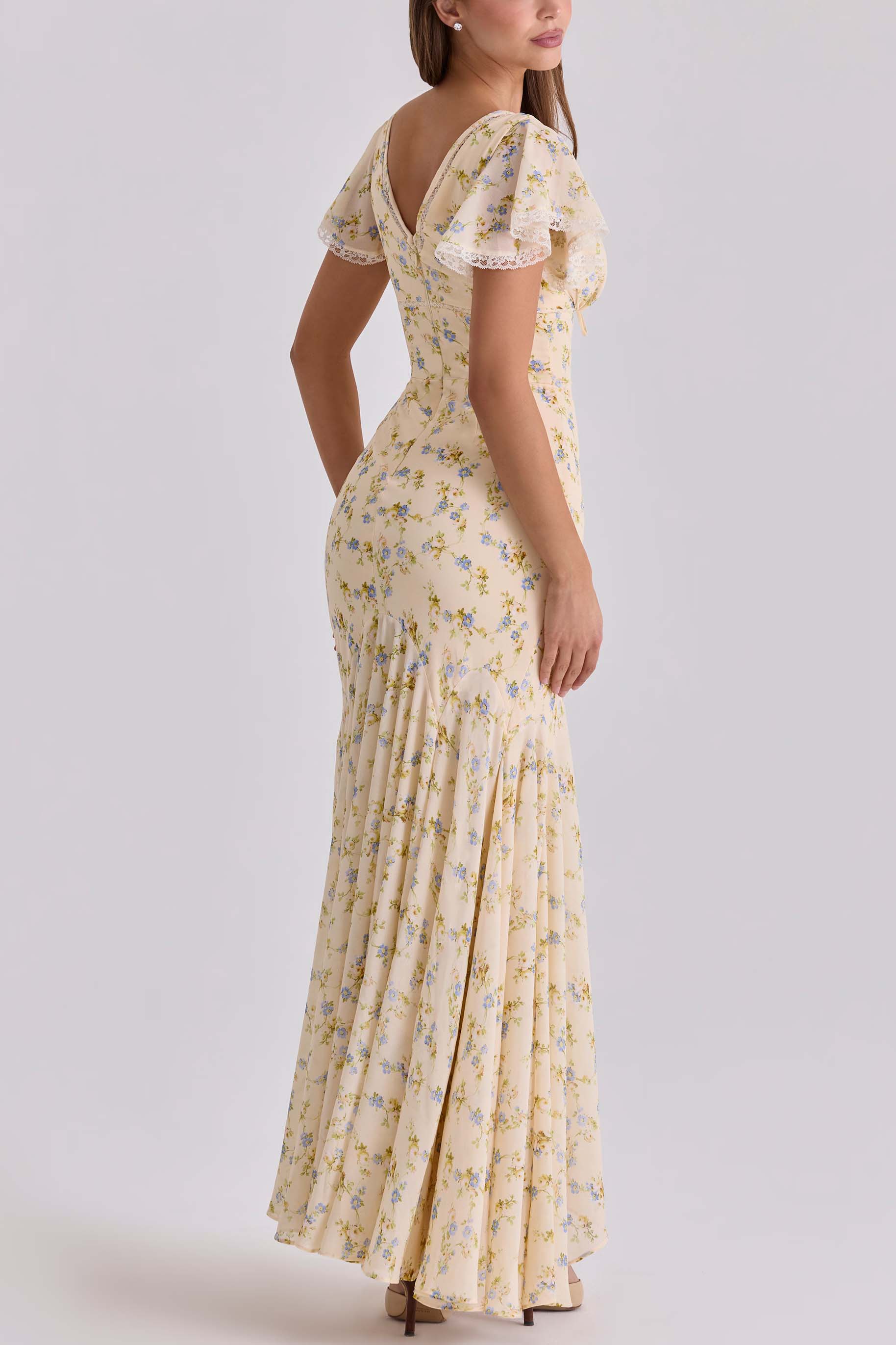 Lemon Floral Print Georgette Maxi Tea Dress