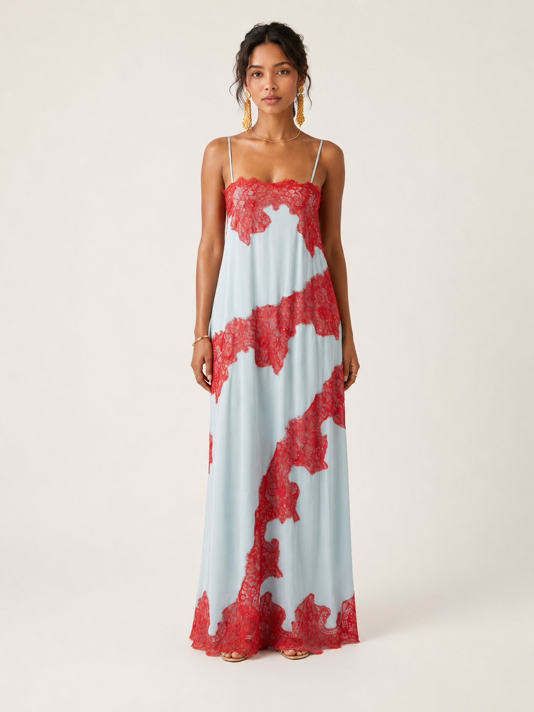 🔥 Limited-Time Sale | Celeste Rouge Lace-Trim Maxi Dress