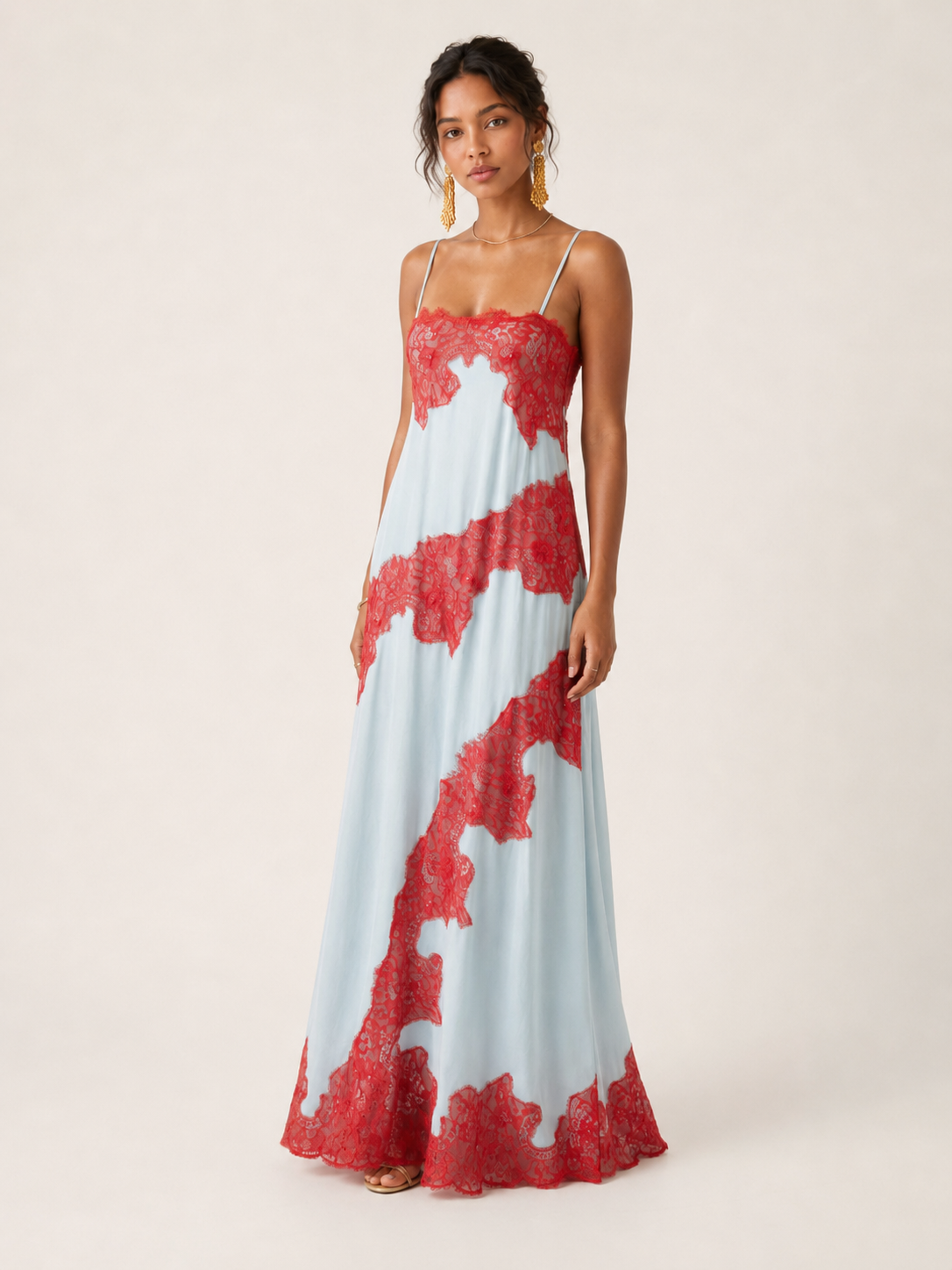 🔥 Limited-Time Sale | Celeste Rouge Lace-Trim Maxi Dress