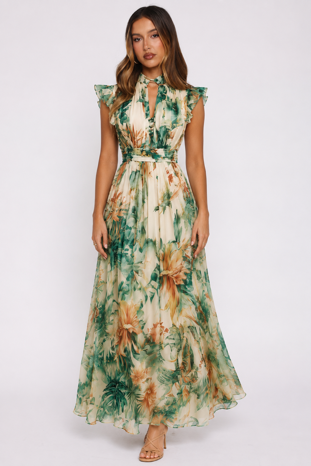 Tropical Bloom Ruffle Halter Maxi Dress