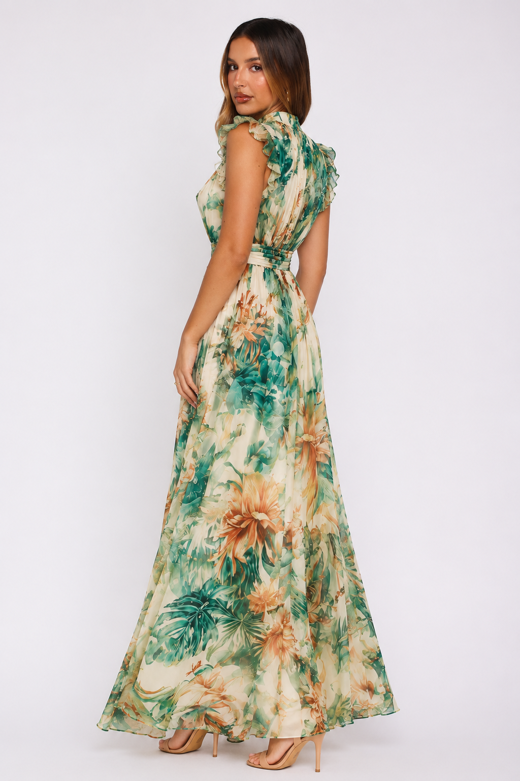 Tropical Bloom Ruffle Halter Maxi Dress