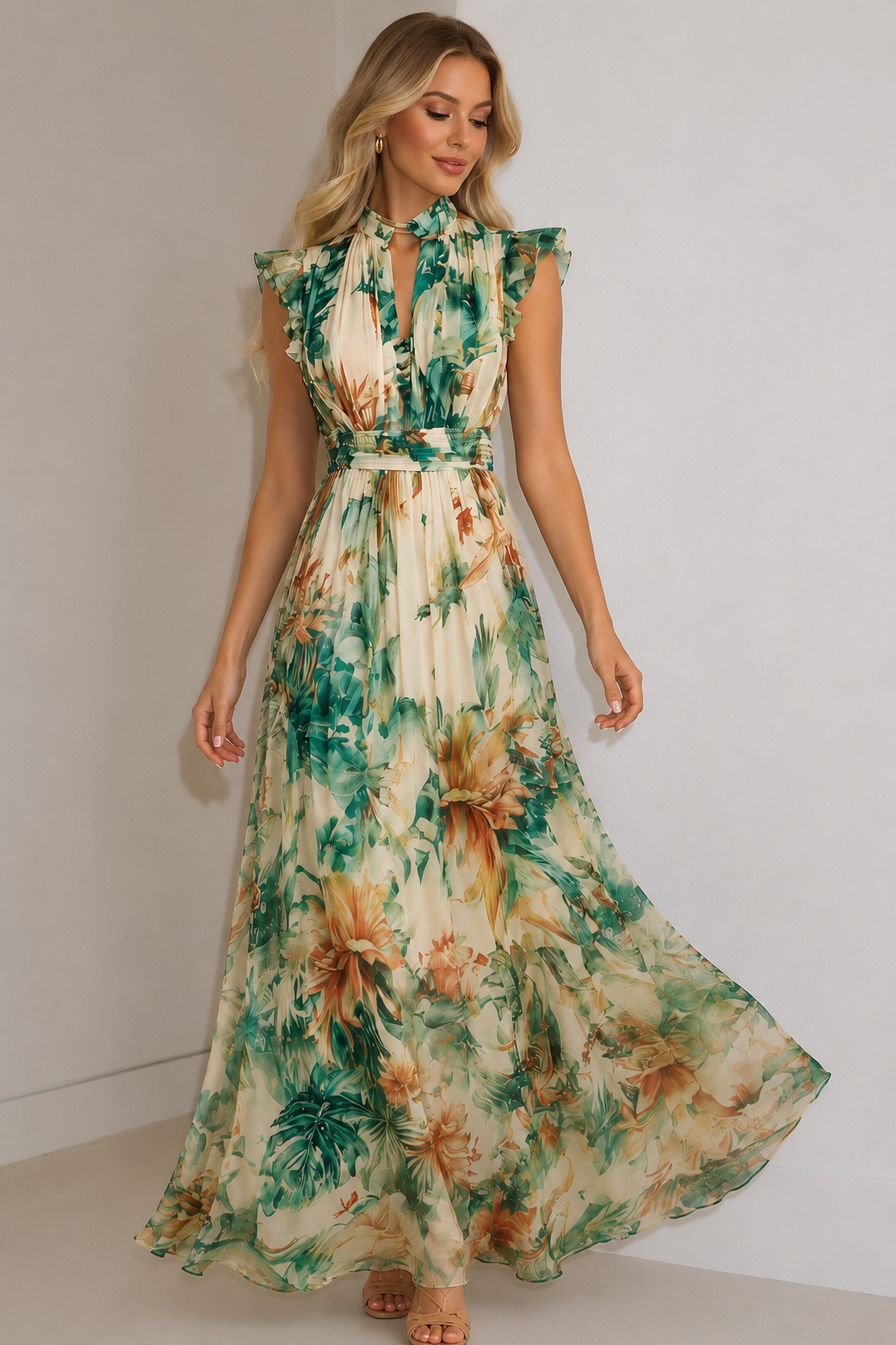 Tropical Bloom Ruffle Halter Maxi Dress