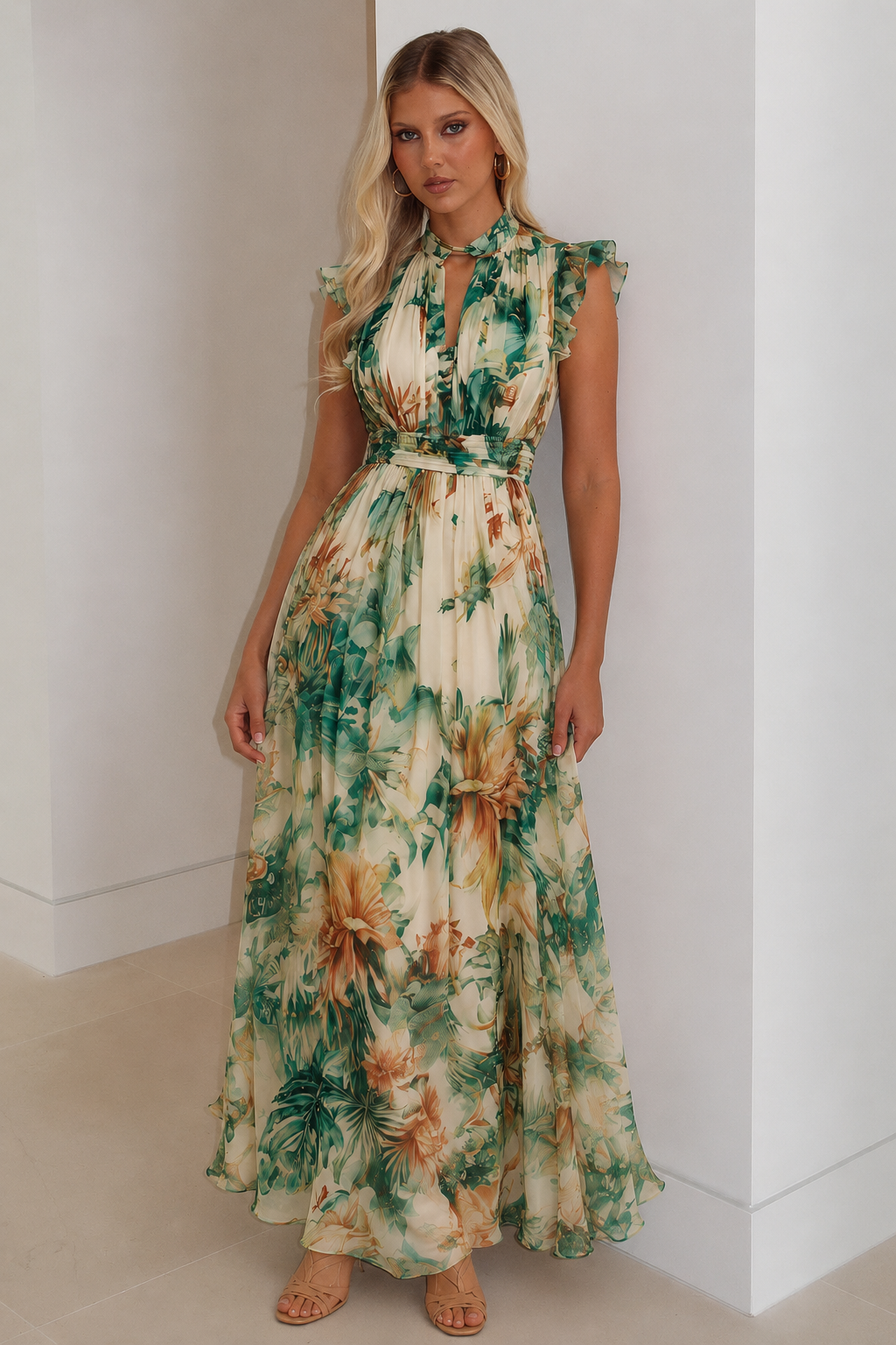 Tropical Bloom Ruffle Halter Maxi Dress