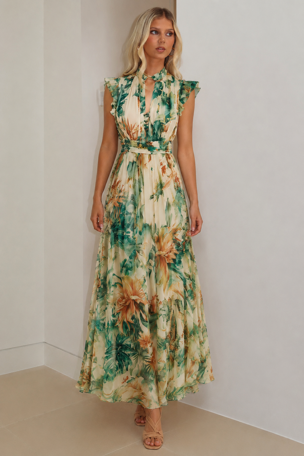 Tropical Bloom Ruffle Halter Maxi Dress