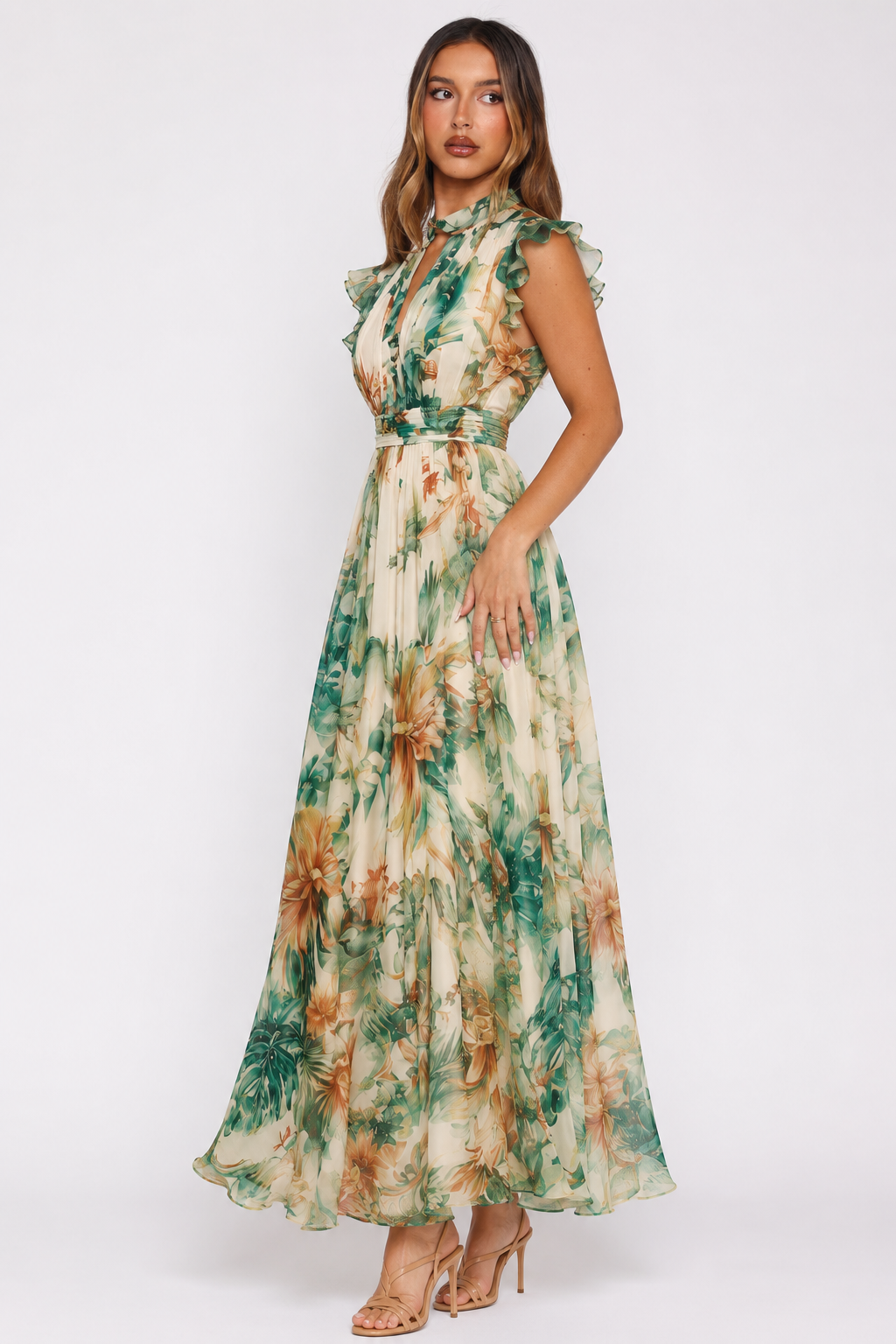 Tropical Bloom Ruffle Halter Maxi Dress