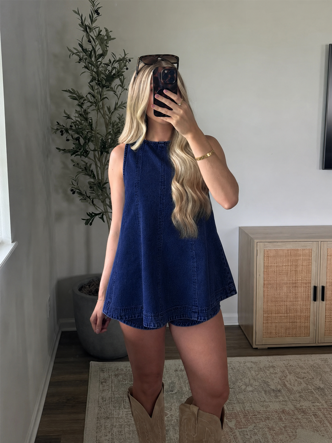 Washed Denim Flared Tank & Shorts Set
