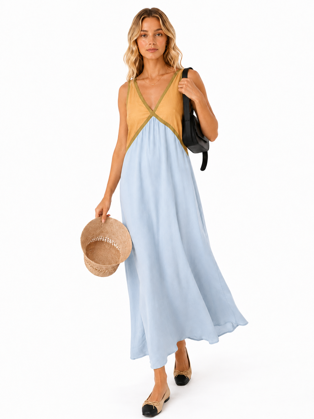 Color Block Sleeveless Backless Maxi Dress