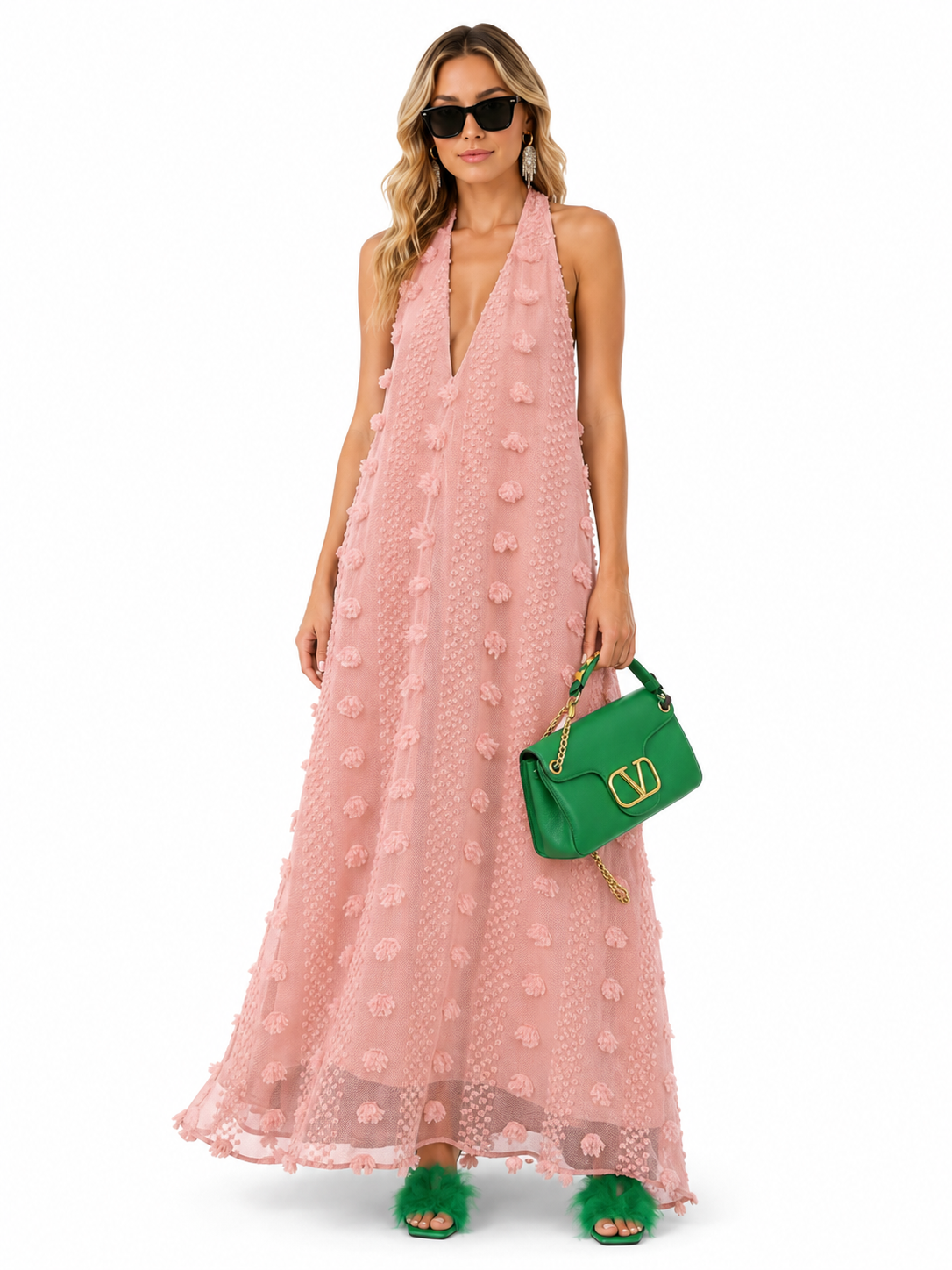 Women's Three-Dimensional Floral Halter Maxi Dress