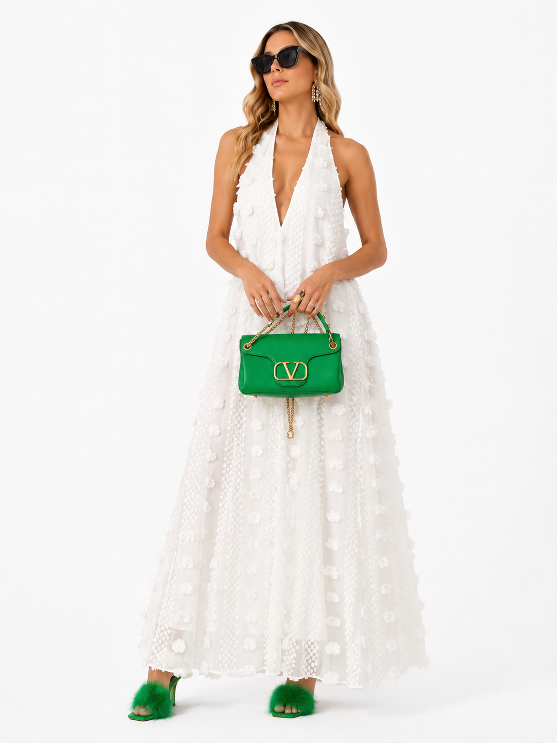 Women's Three-Dimensional Floral Halter Maxi Dress
