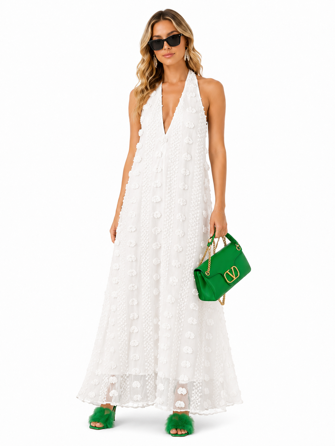 Women's Three-Dimensional Floral Halter Maxi Dress