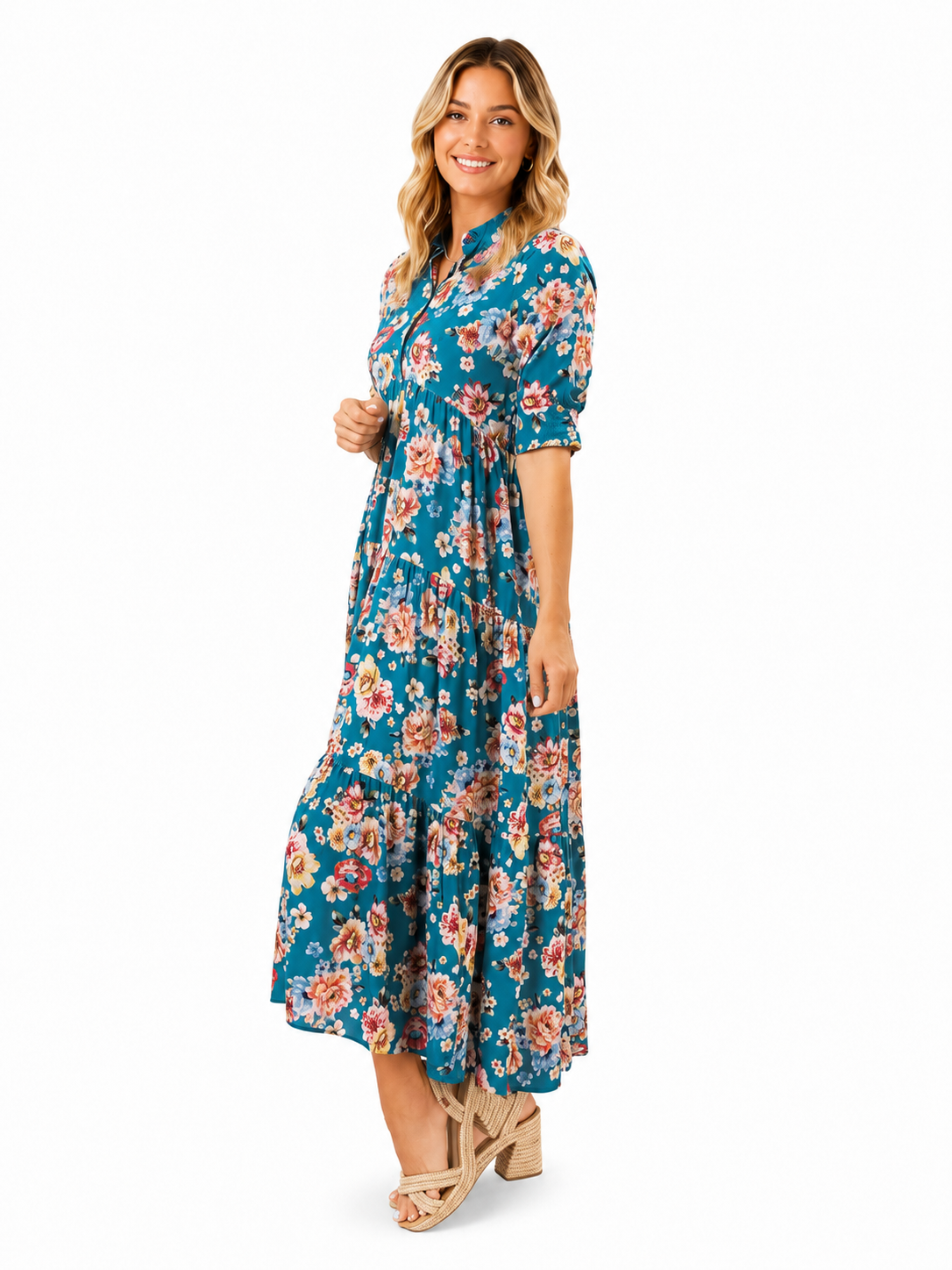 Teal Floral Button-Front Tiered Midi Dress