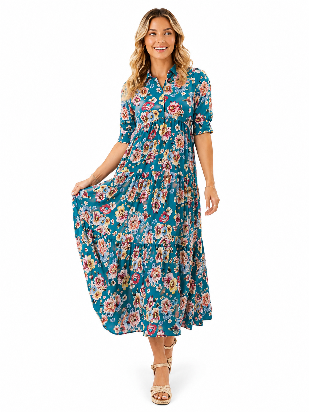 Teal Floral Button-Front Tiered Midi Dress
