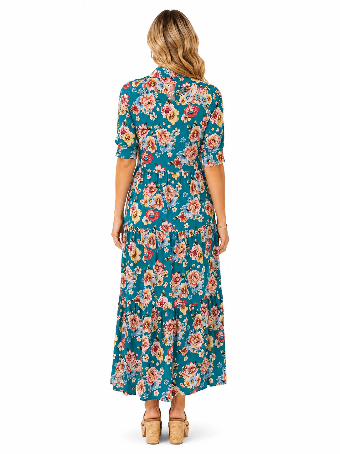 Teal Floral Button-Front Tiered Midi Dress