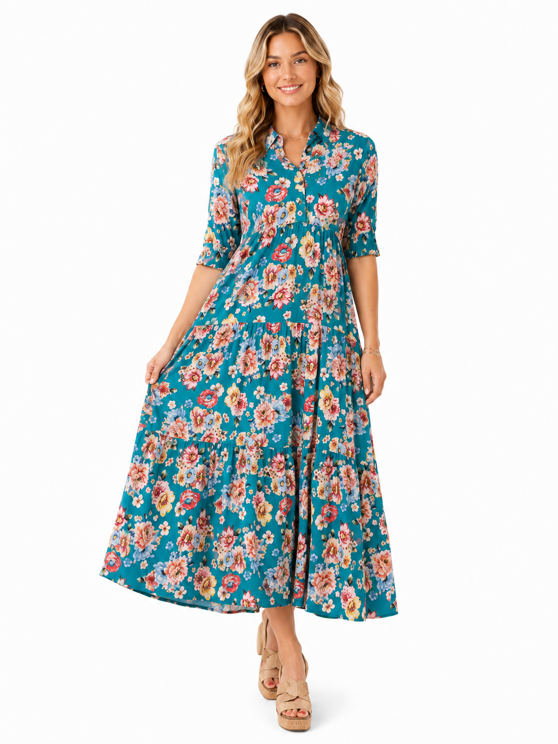 Teal Floral Button-Front Tiered Midi Dress