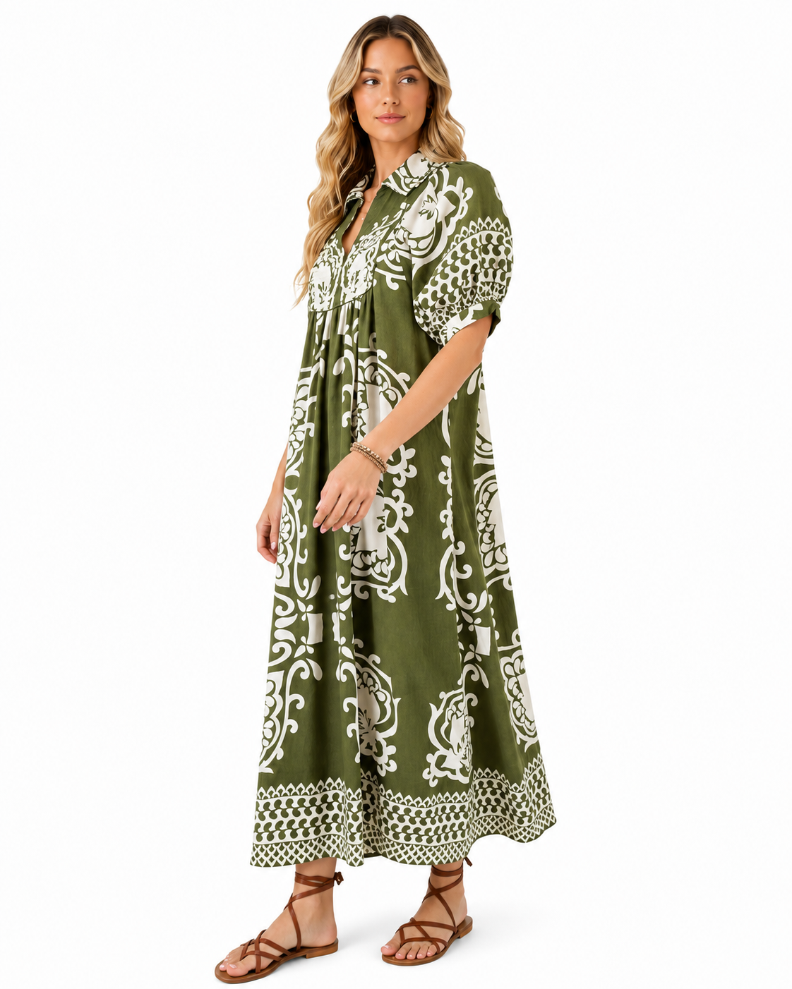 Women’s Boho Printed Puff Sleeve Midi Dress