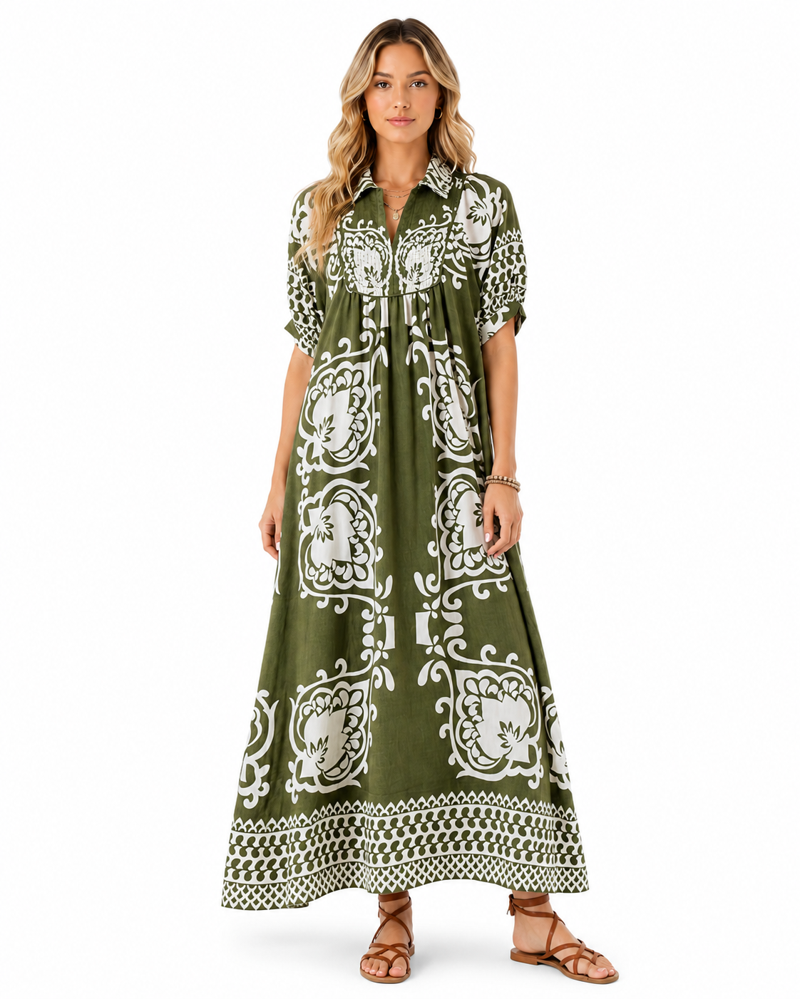 Women’s Boho Printed Puff Sleeve Midi Dress