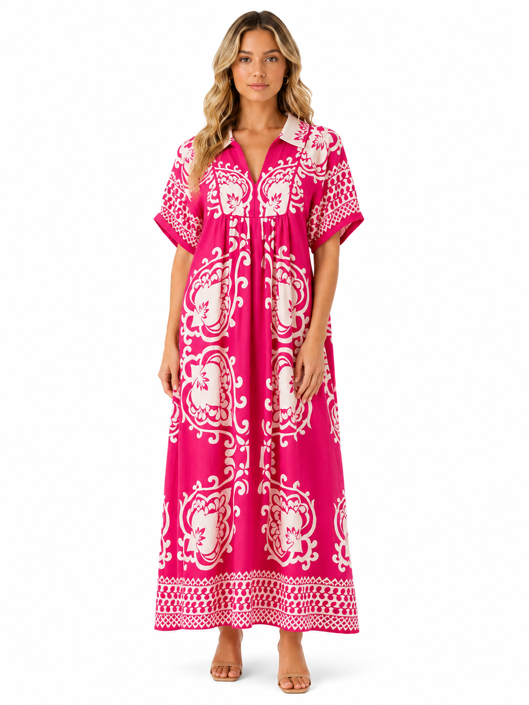 Women’s Boho Printed Puff Sleeve Midi Dress
