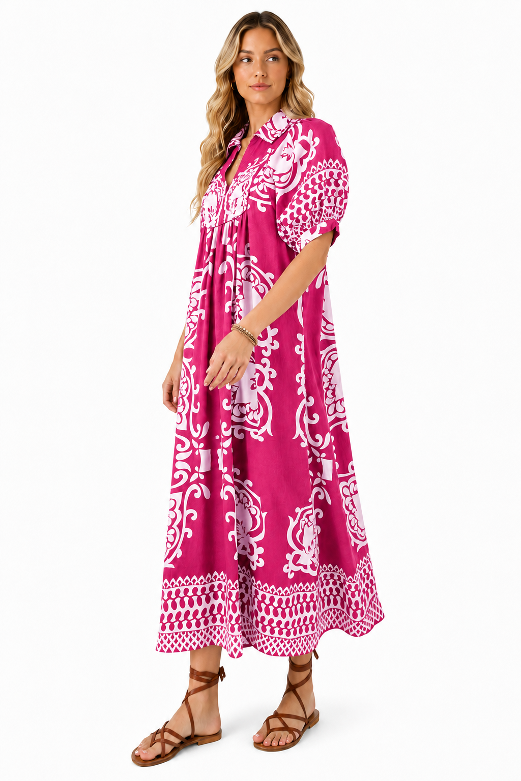 Women’s Boho Printed Puff Sleeve Midi Dress