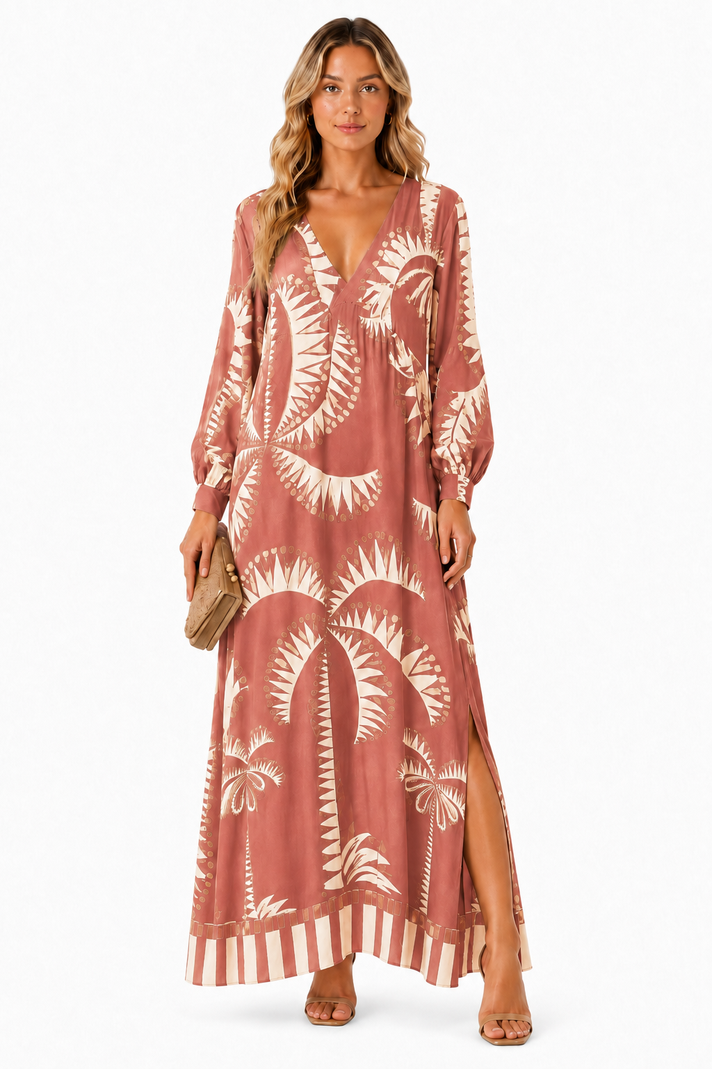 Bohemian Tropical Palm Print V-Neck Maxi Dress