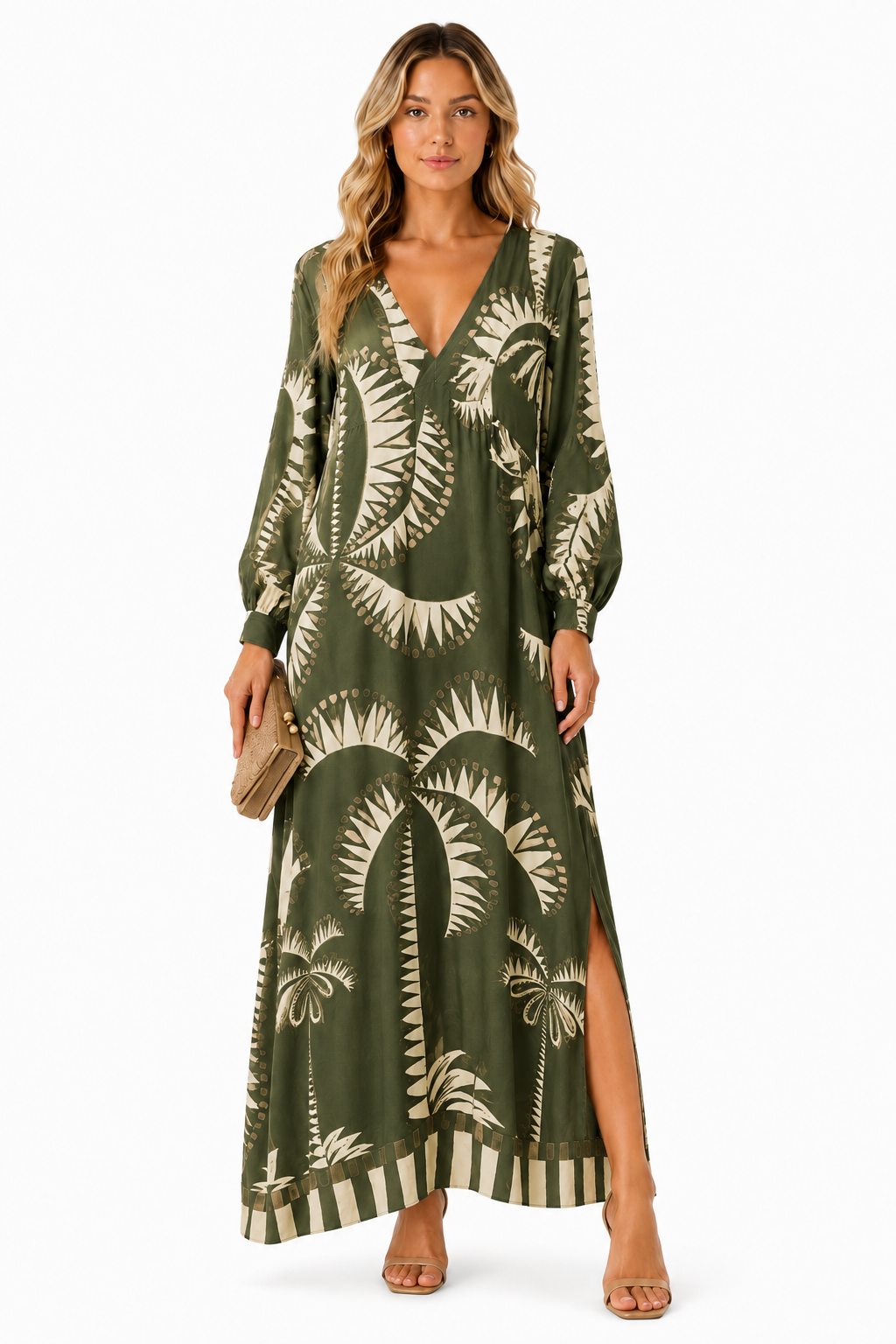 Bohemian Tropical Palm Print V-Neck Maxi Dress