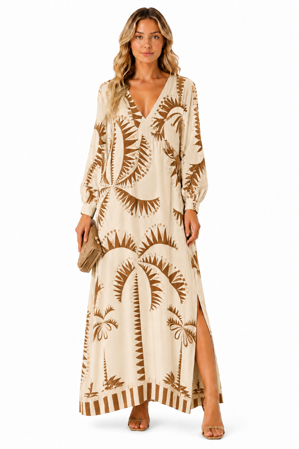 Bohemian Tropical Palm Print V-Neck Maxi Dress