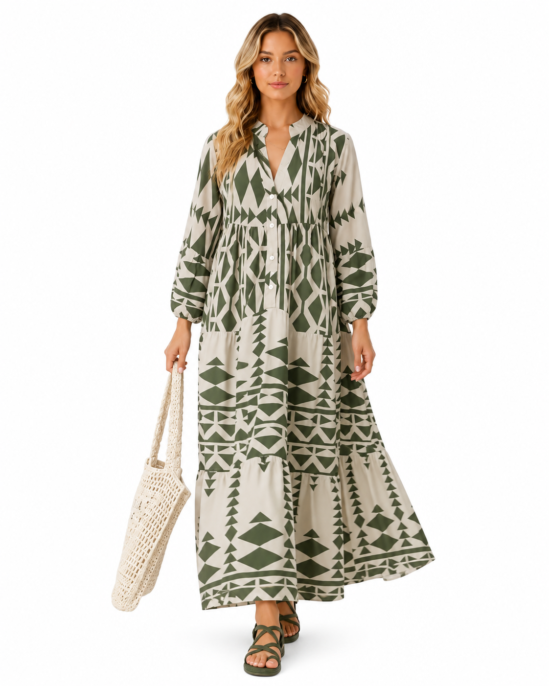 Bohemian Geometric Print Tiered Maxi Shirt Dress