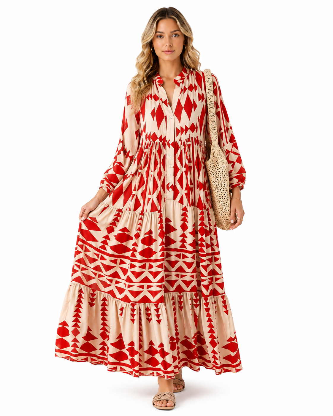 Bohemian Geometric Print Tiered Maxi Shirt Dress