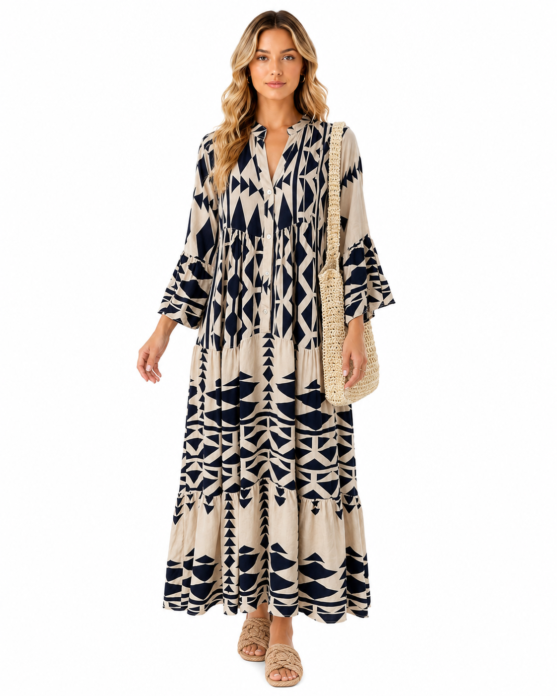 Bohemian Geometric Print Tiered Maxi Shirt Dress