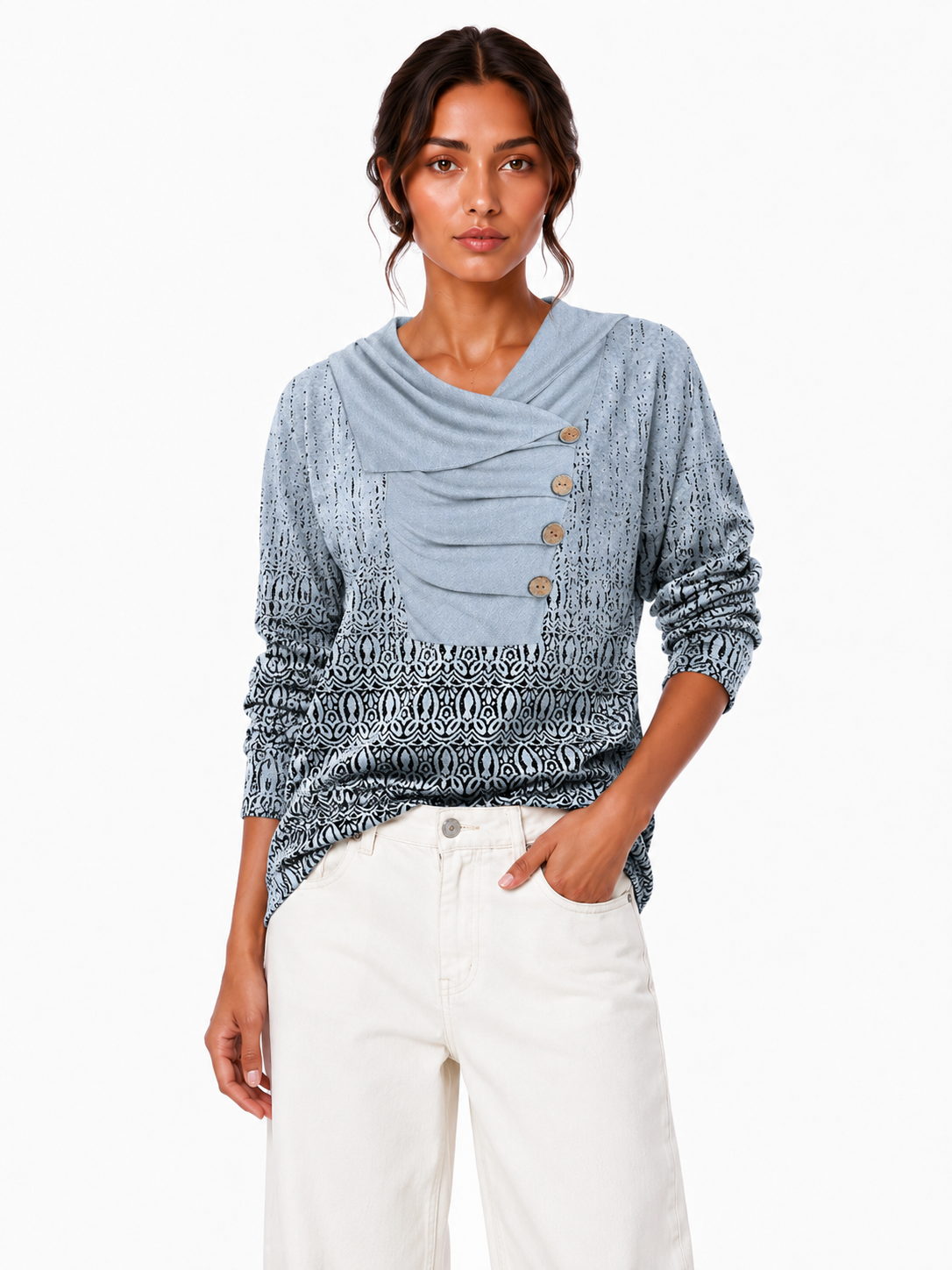 Boho-Print Draped Cowl-Neck Button-Down Top