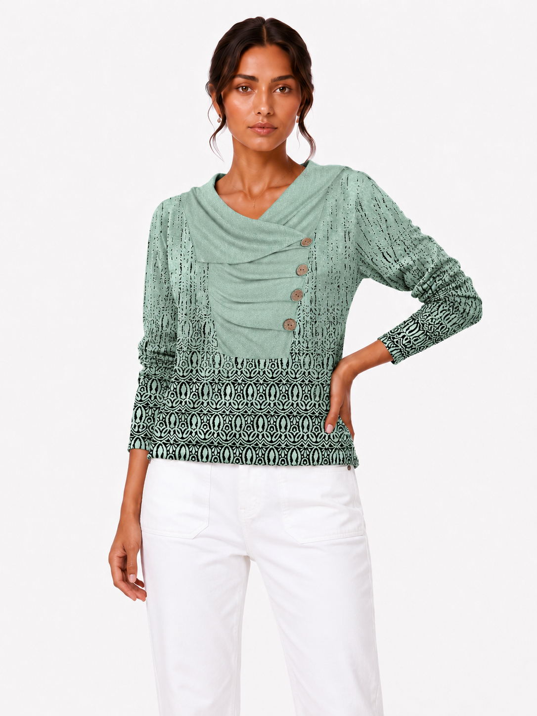 Boho-Print Draped Cowl-Neck Button-Down Top
