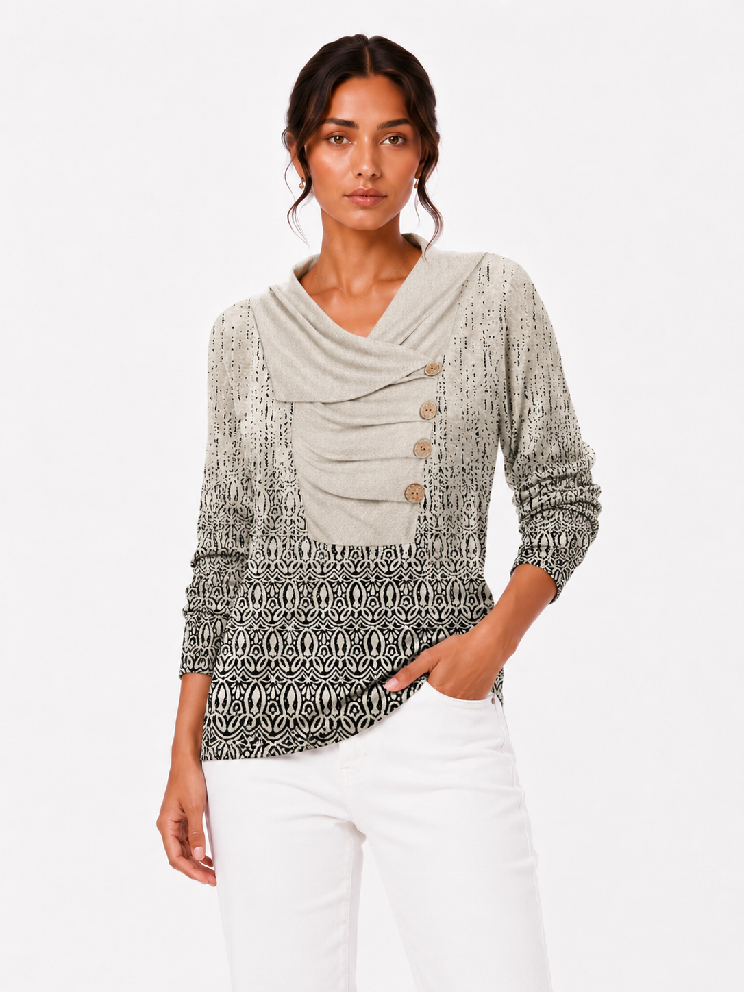 Boho-Print Draped Cowl-Neck Button-Down Top