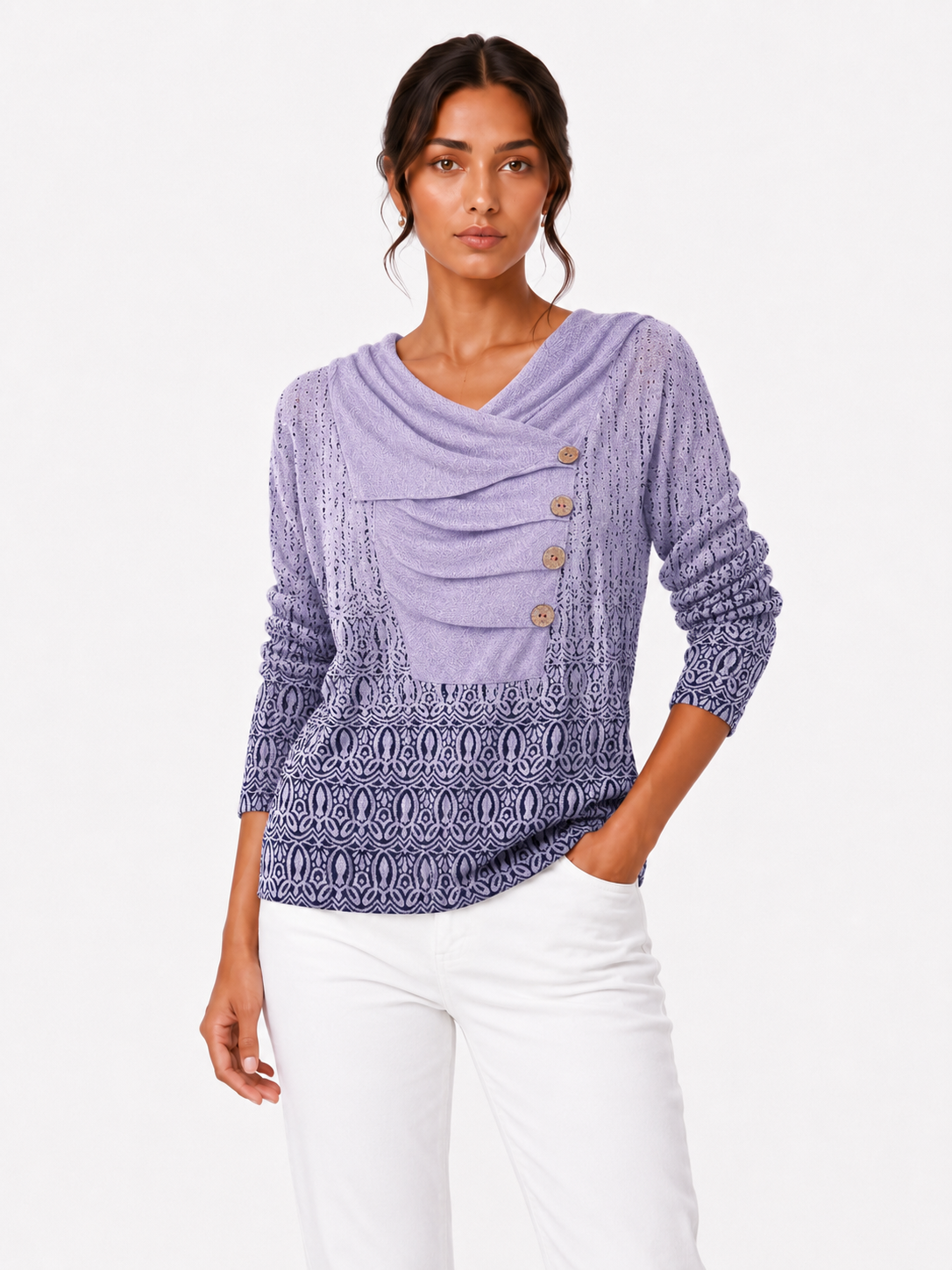 Boho-Print Draped Cowl-Neck Button-Down Top