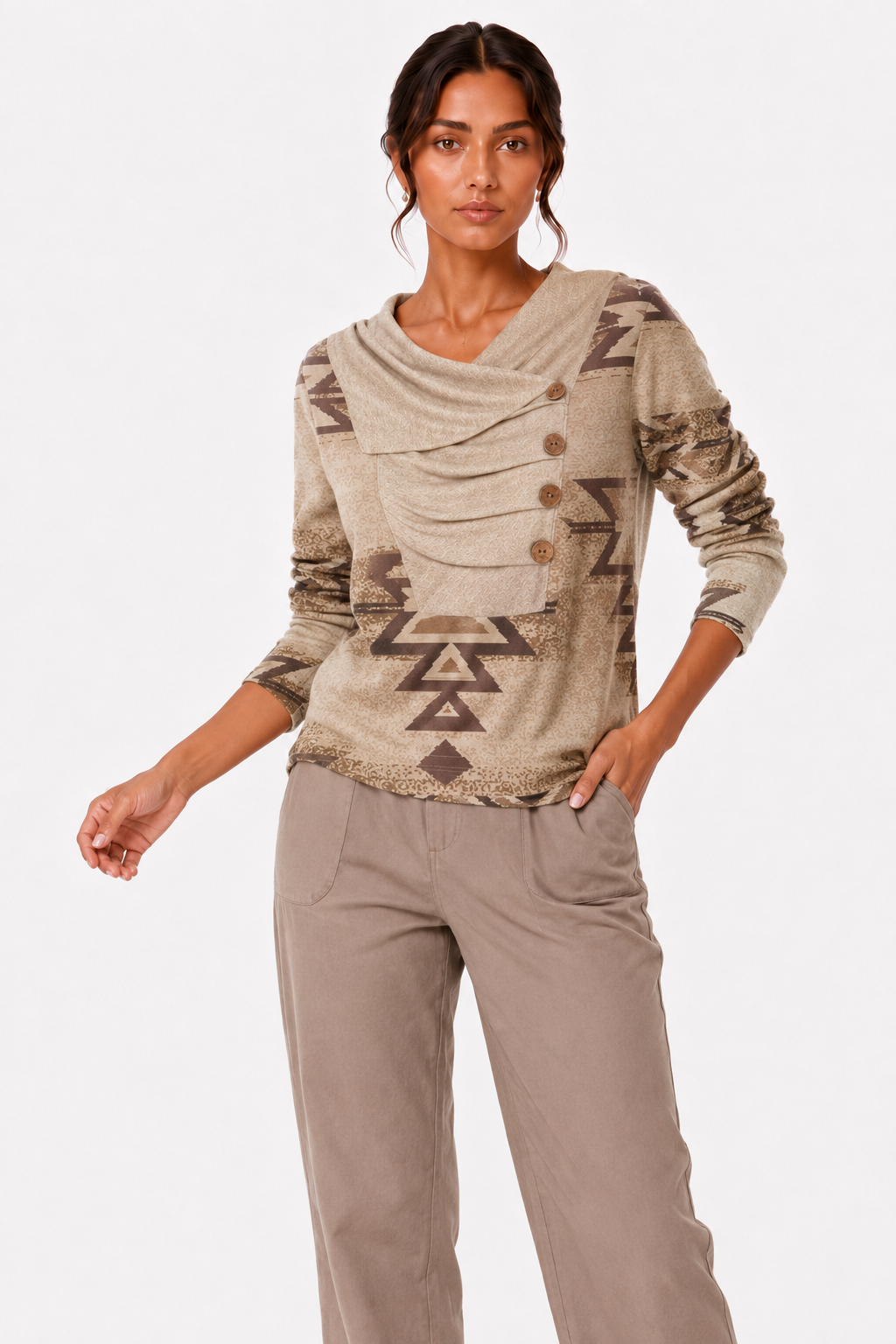Boho-Print Draped Cowl-Neck Button-Down Top