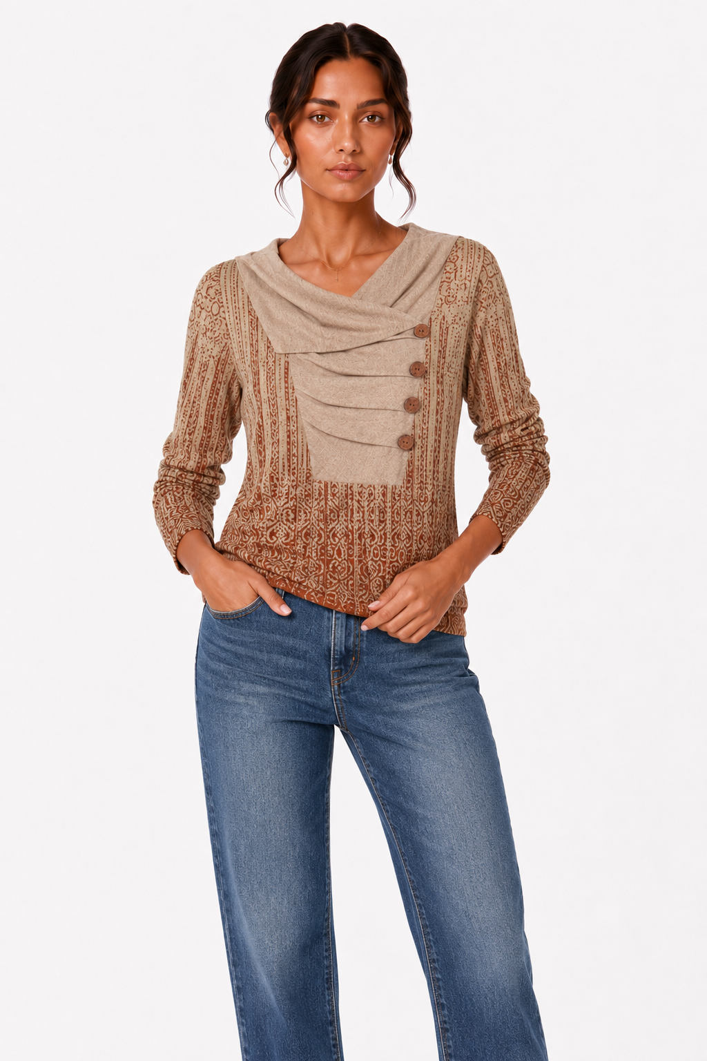 Boho-Print Draped Cowl-Neck Button-Down Top