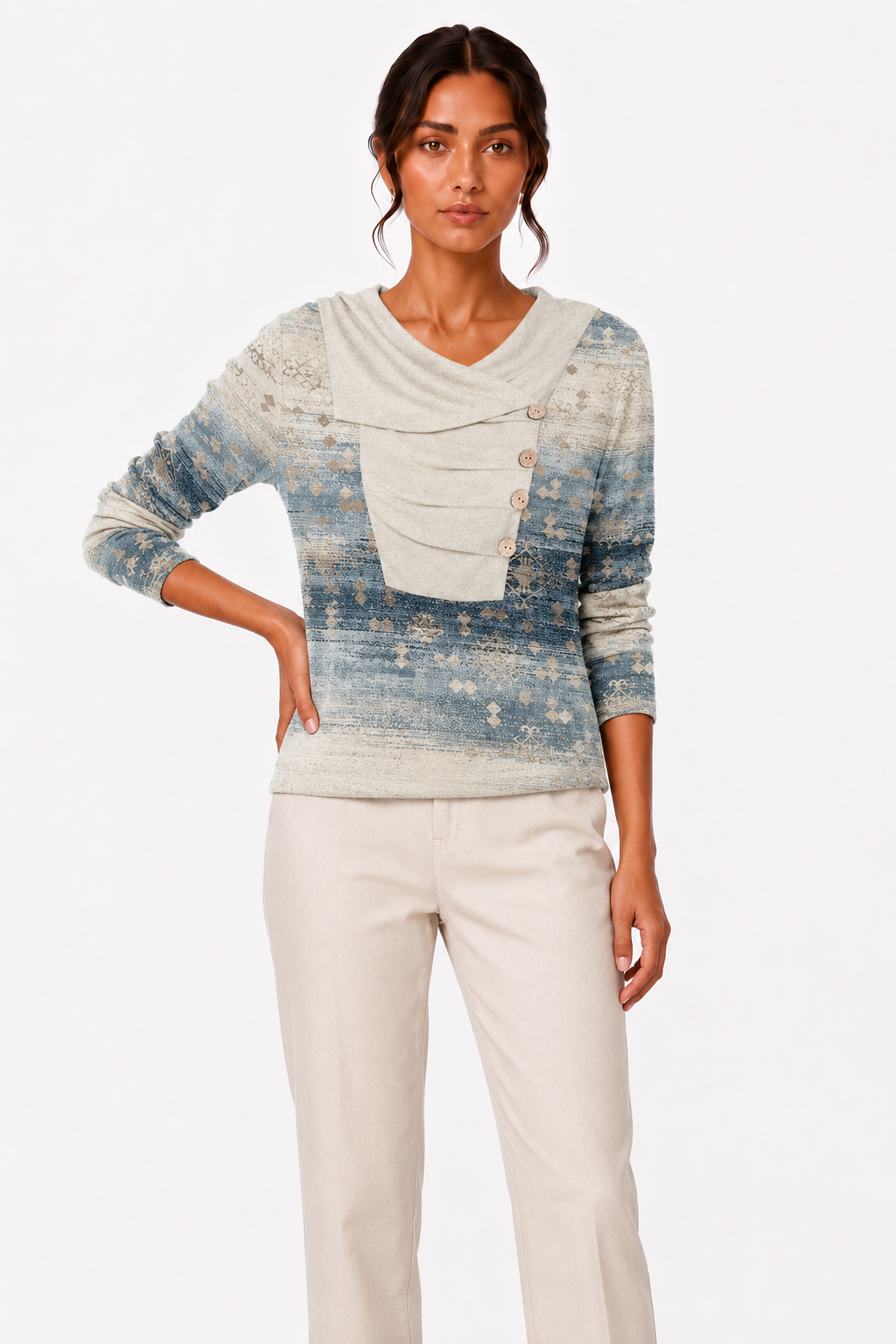 Boho-Print Draped Cowl-Neck Button-Down Top