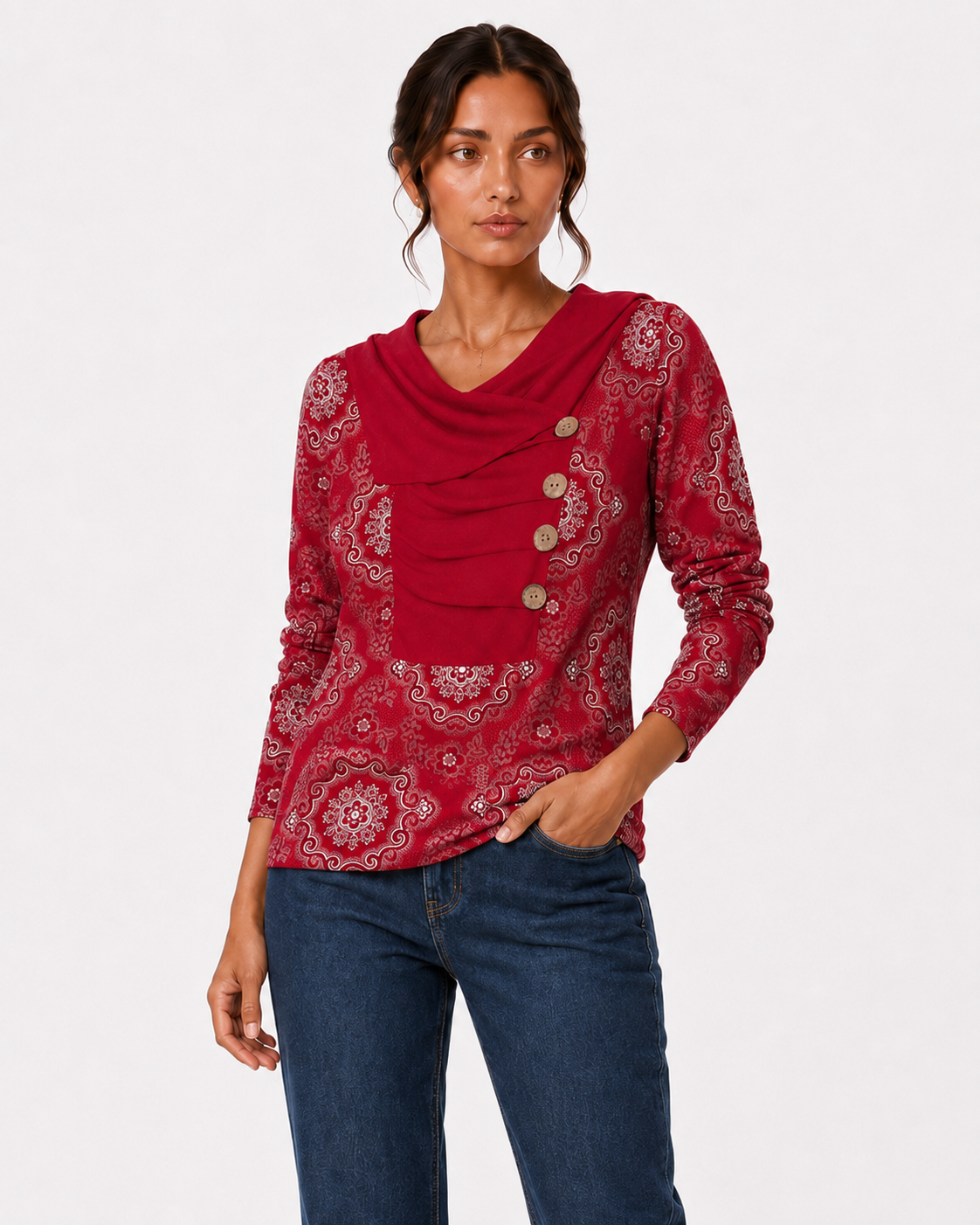 Boho-Print Draped Cowl-Neck Button-Down Top